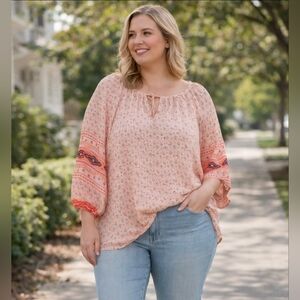 Liz Claiborne Woman 2X Boho Floral Peasant Blouse Peach Butterfly Sleeve